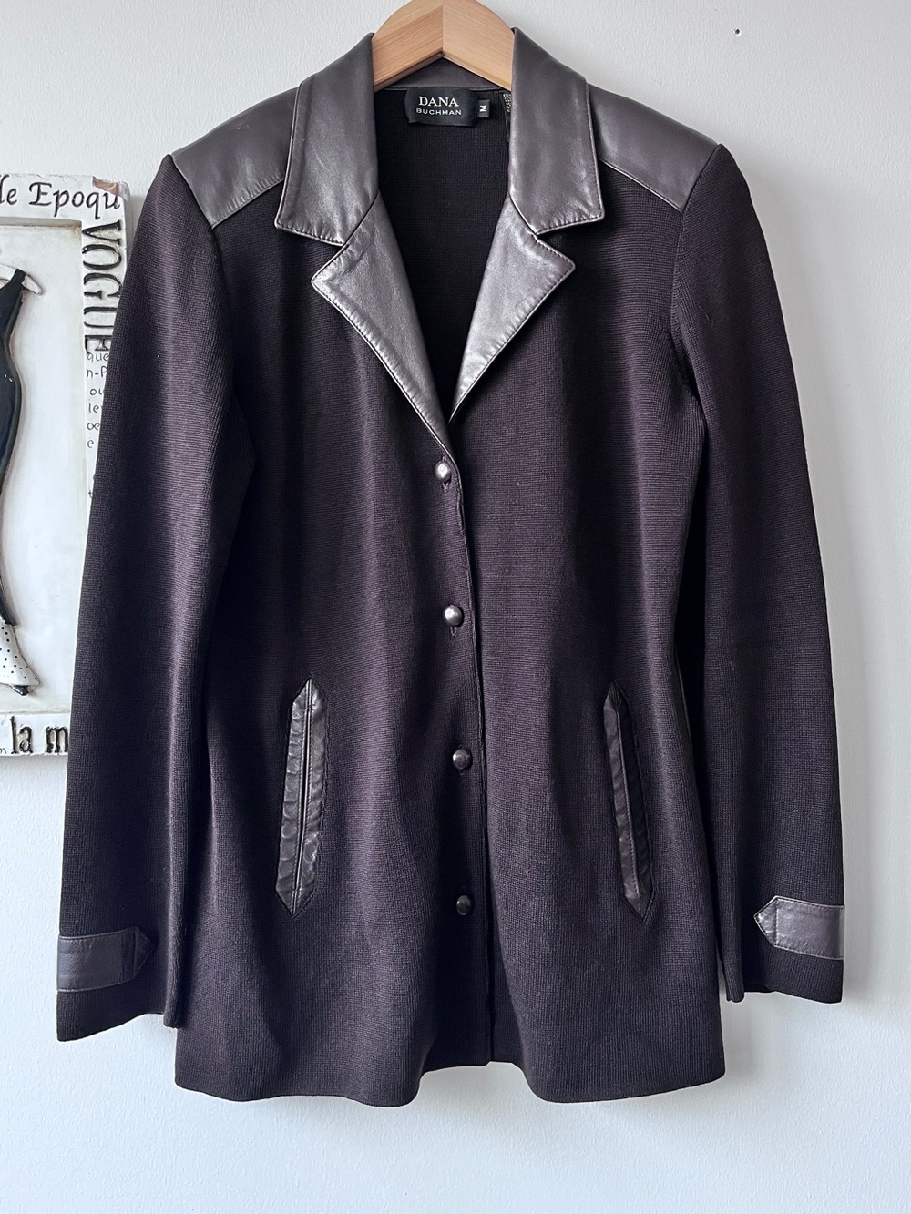 Vintage Dana Buchman Dark Brown Wool And Leather Knit Blazer Jacket Size M